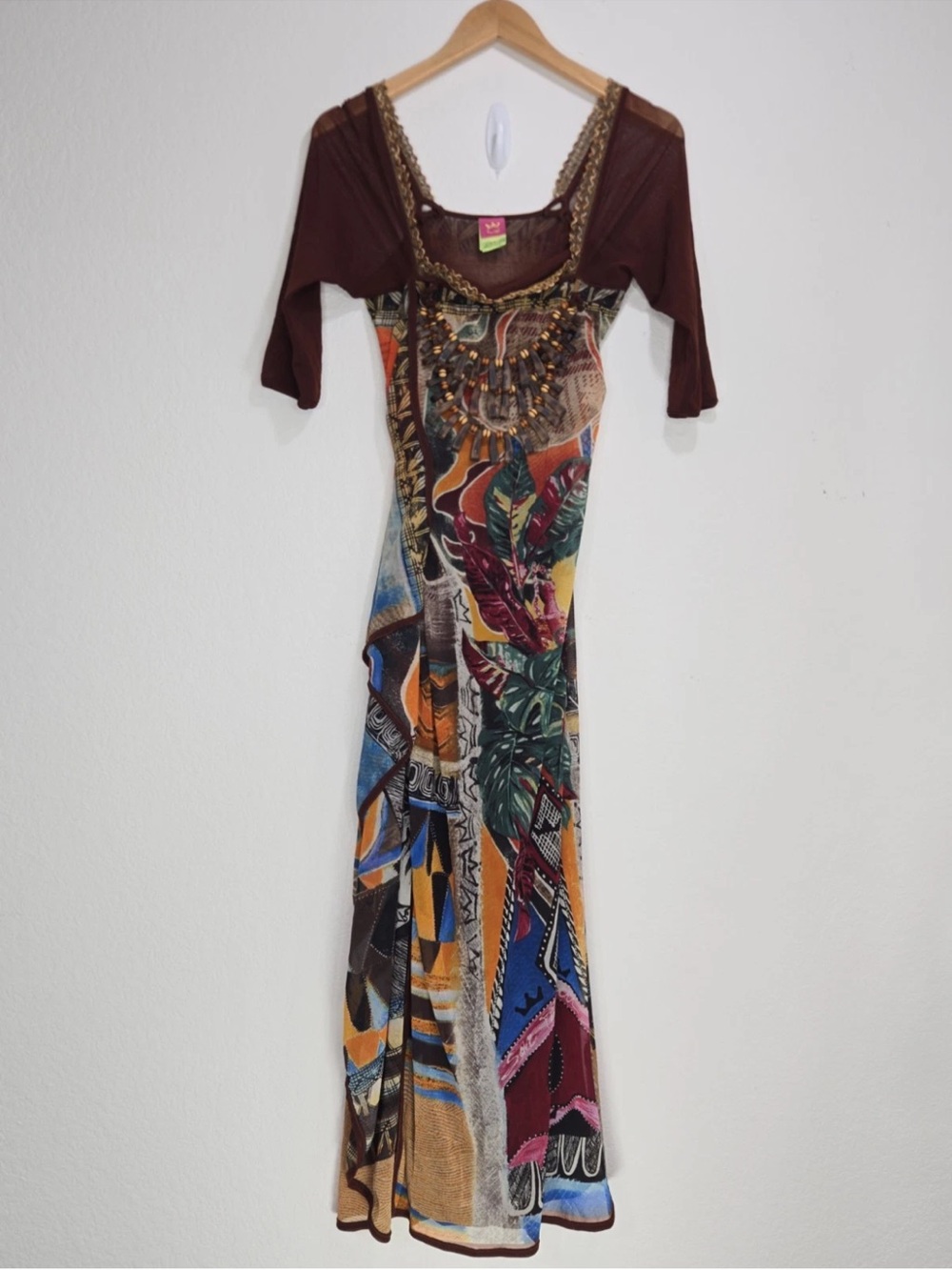 Vintage Y2K Save The Queen Mesh Print Maxi Dress With Bead Necklace Accent XL